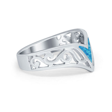 Lab Created Blue Opal Filigree Chevron Thumb V Ring Round 925 Sterling Silver